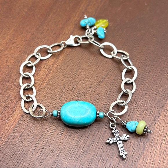 925 Sterling Silver Turquoise Cross Link Bracelet 8” - Picture 3 of 12